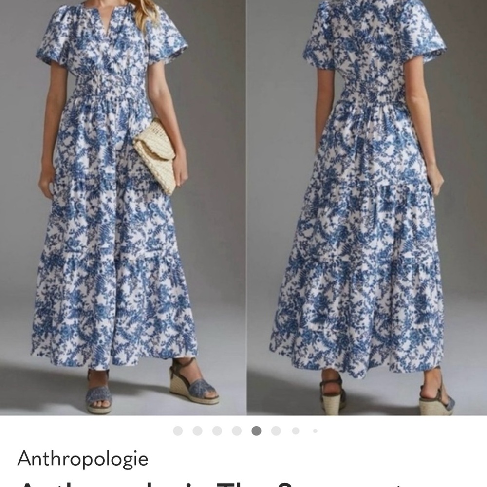 Anthropologie Blue and White Tiered Floral Maxi Dress